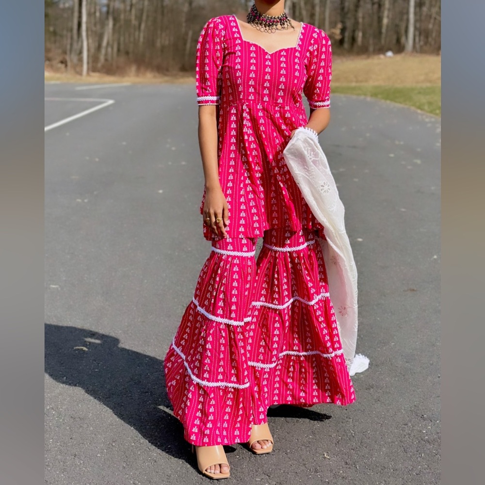 2 piece Pink designer sharara set with preal detailings
